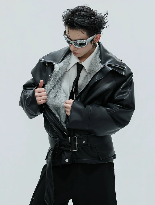 【25s Nov.】Riveted Faux Wolf Fur Collar Thickened Cotton Coat Hover Image