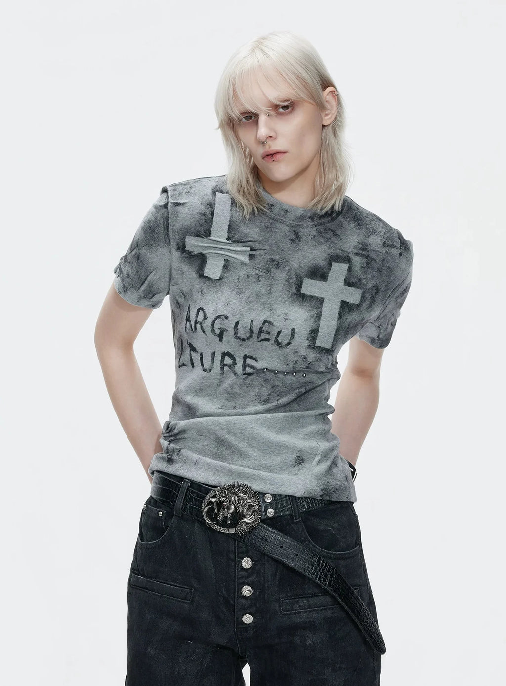 【26s May.】Distressed Cross Studded Slim Tee