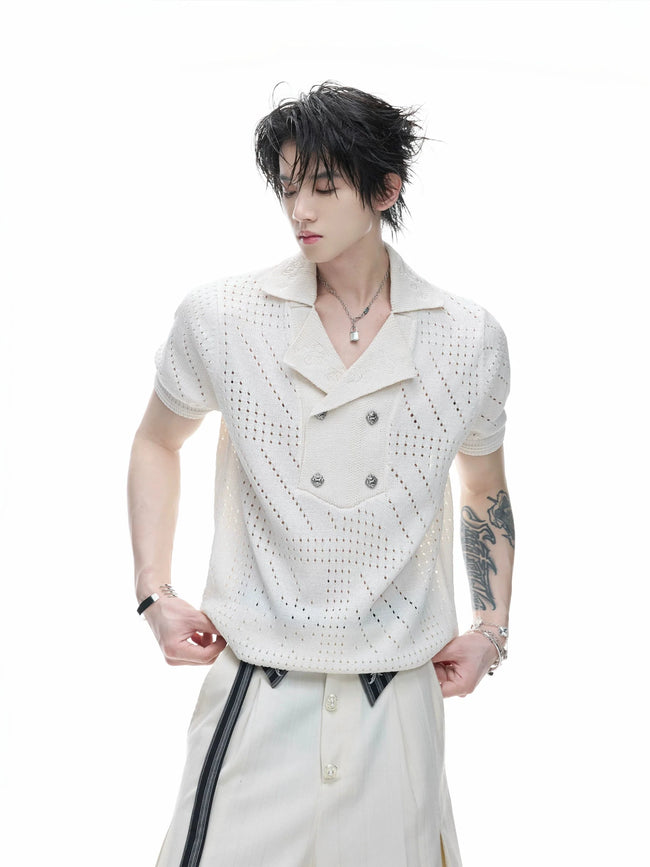 Openwork Embroidered Knit Polo Tee Hover Image