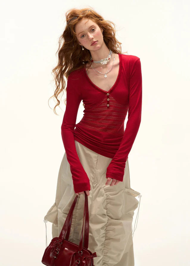 Patchwork Cut-Out V-Neck Top