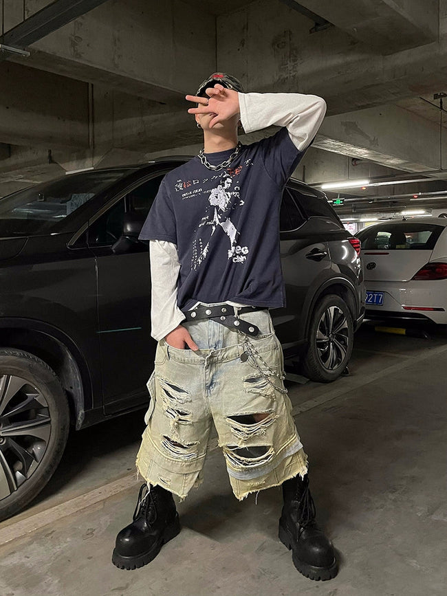 【25s Jun.】Double Waistband Dirty Wash Distressed Denim Shorts Hover Image