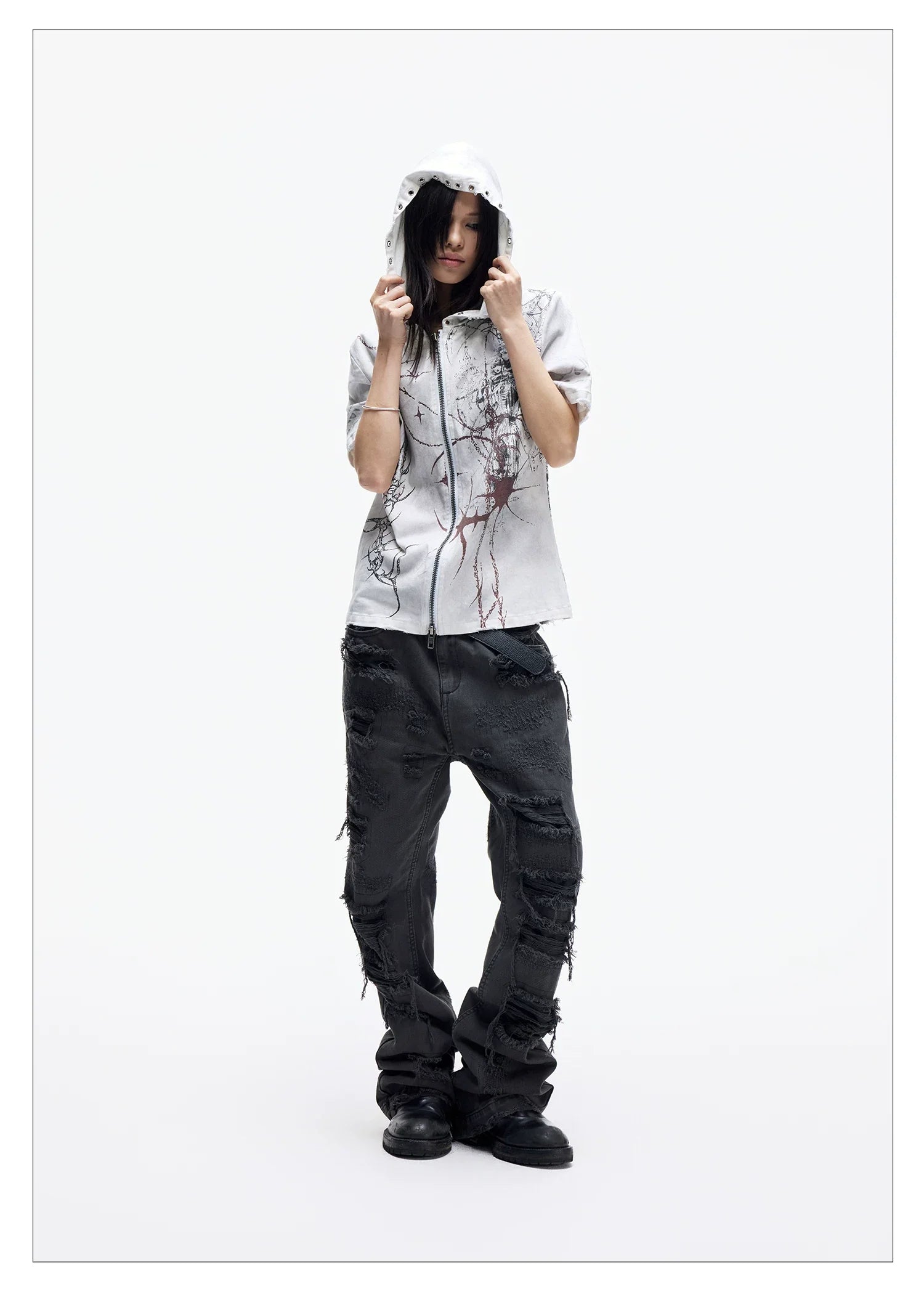 Distressed Raw Hem Slim Straight Jeans