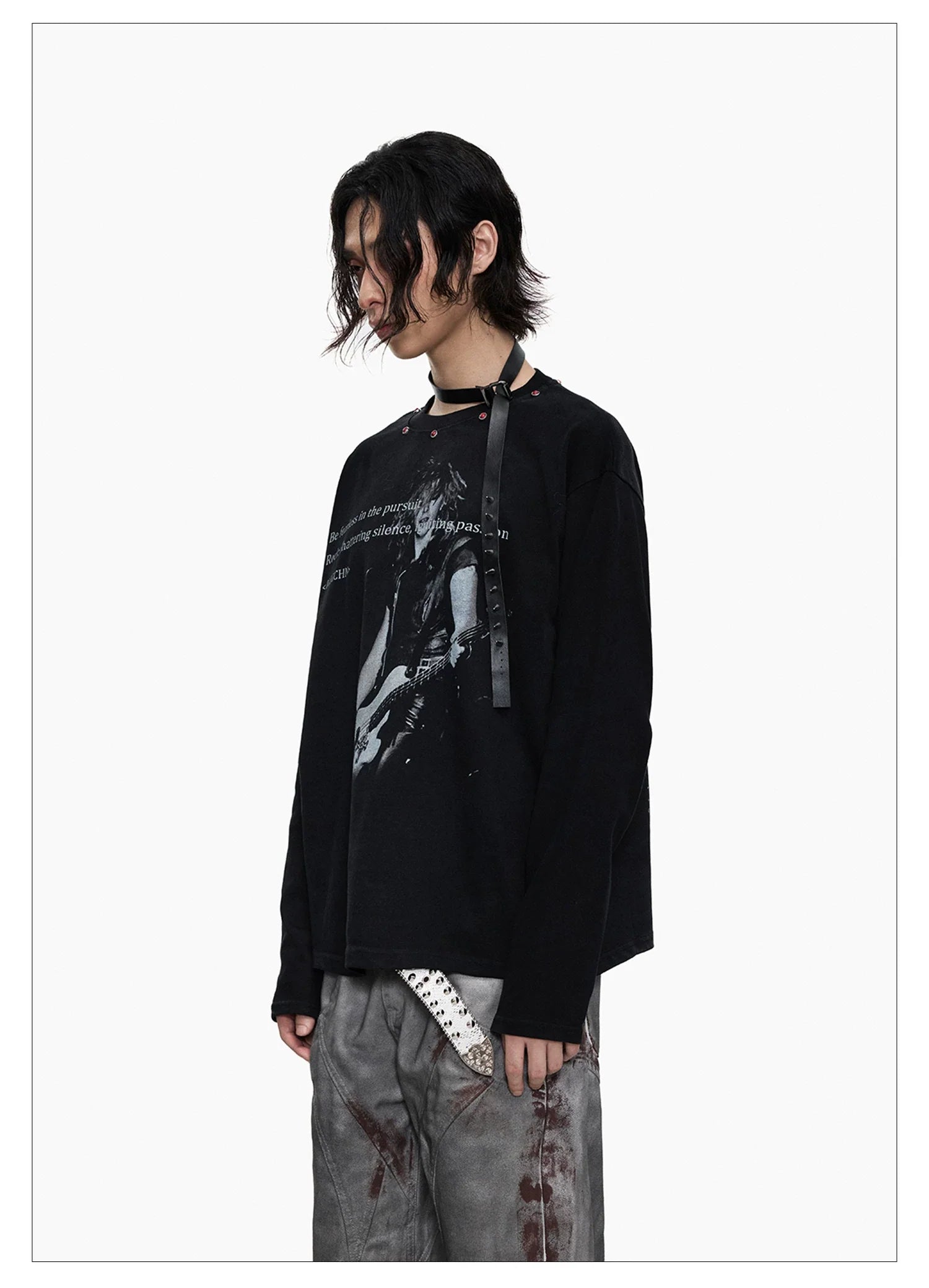 Distressed Punk Guitar Graphic Long Sleeve Tee