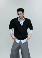 【25s Oct.】Shirt-paneled Button-down V-neck Sweater