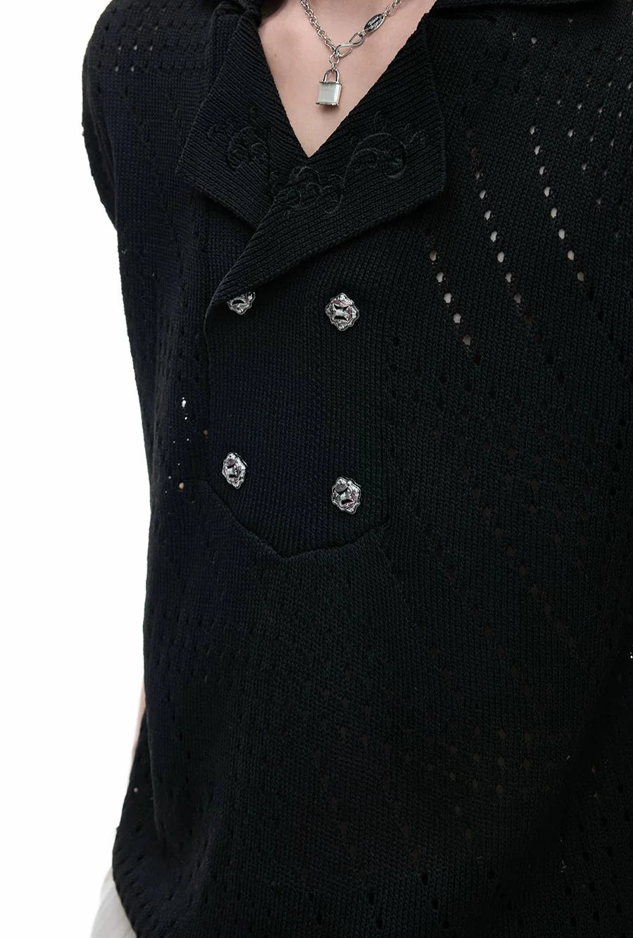 Openwork Embroidered Knit Polo Tee