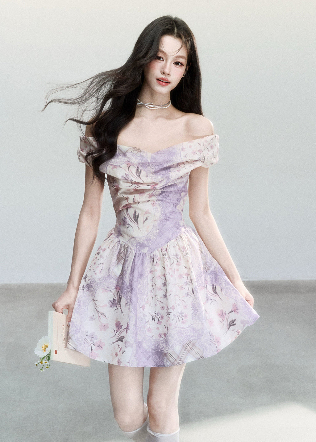 Purple Mist Floral Off-Shoulder Dress