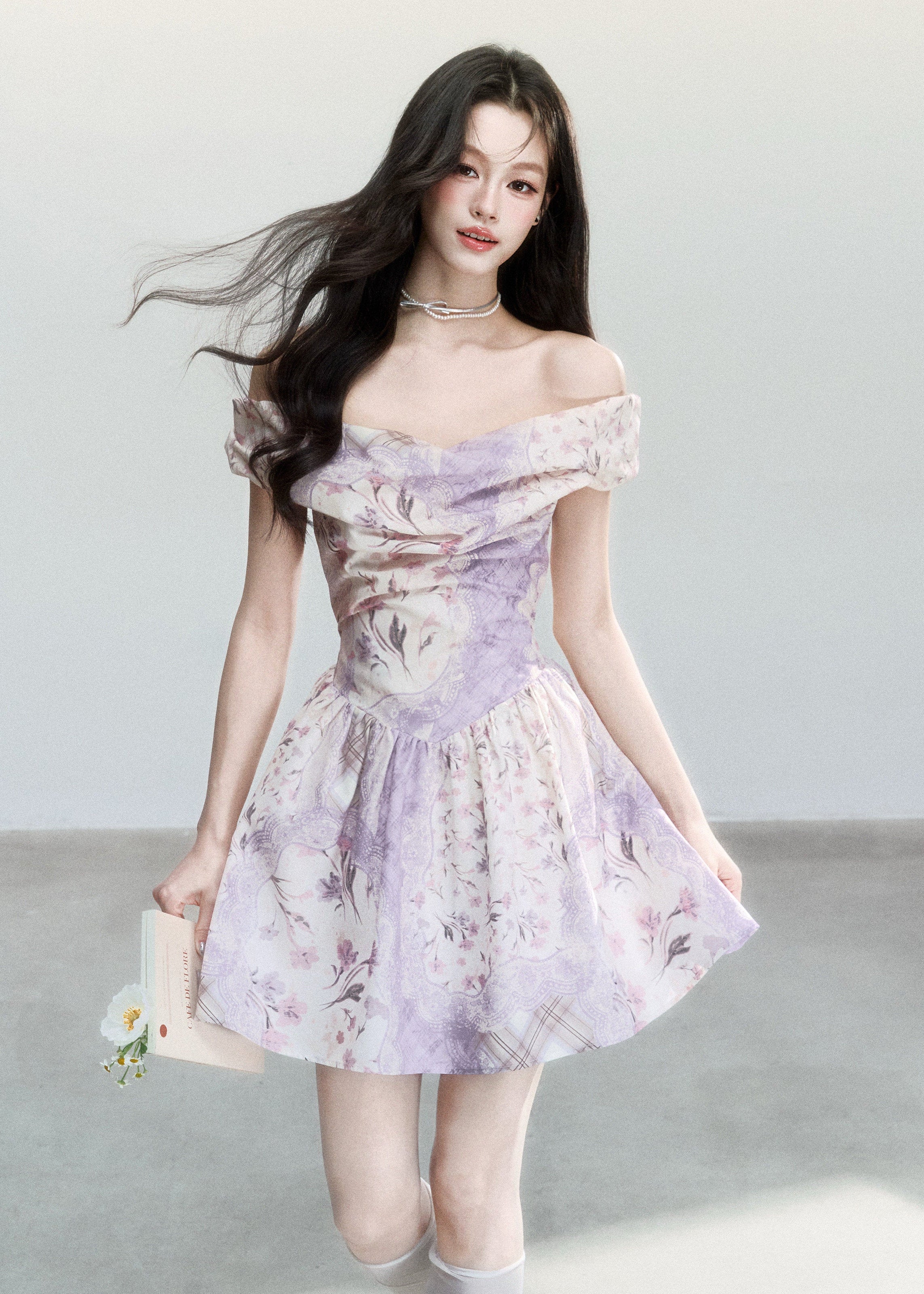 Purple Mist Floral Off-Shoulder Dress