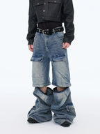 【25s Aug.】Washed Detachable Multi-Pocket Wide-Leg Jeans