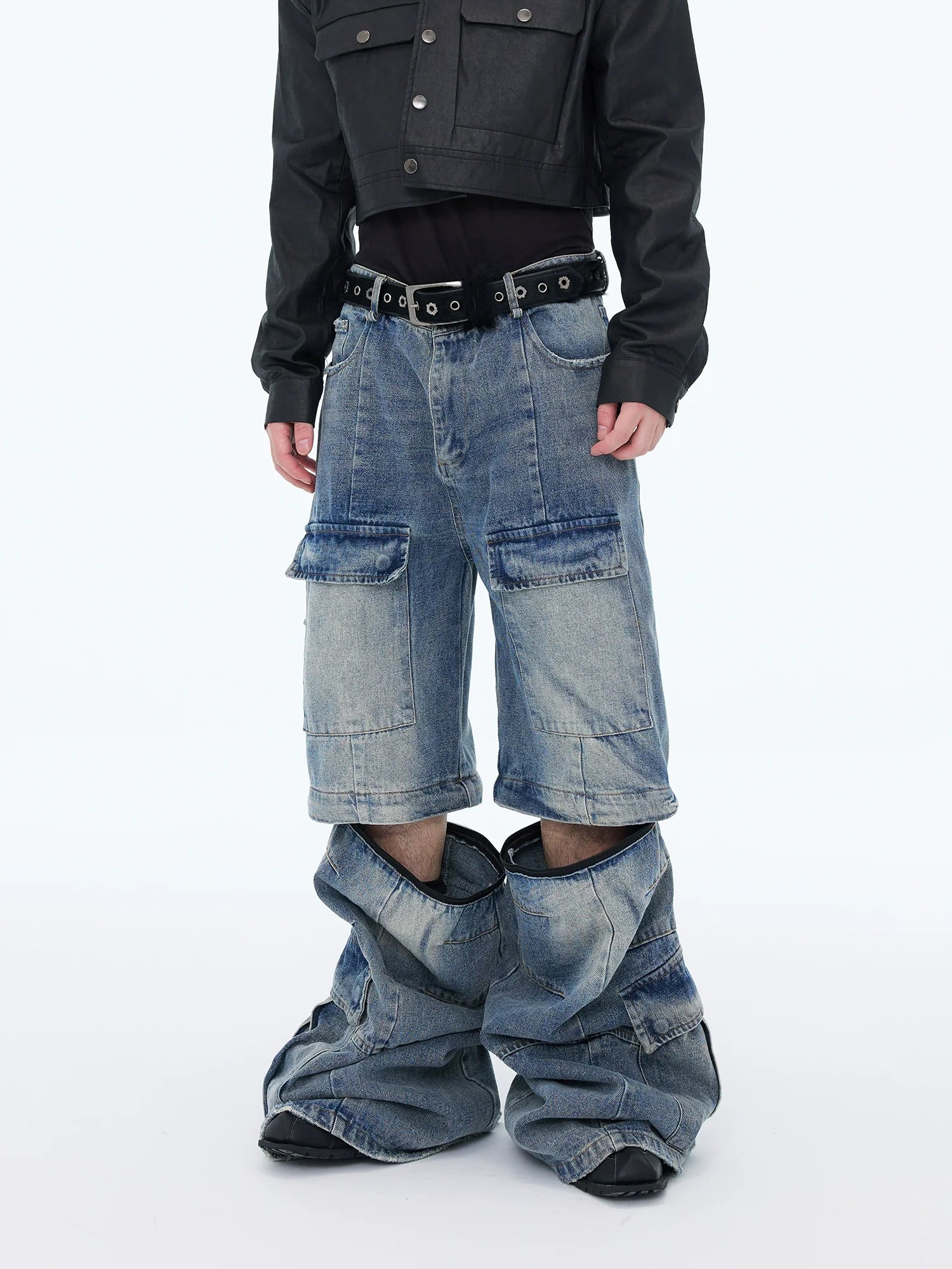 【25s Aug.】Washed Detachable Multi-Pocket Wide-Leg Jeans