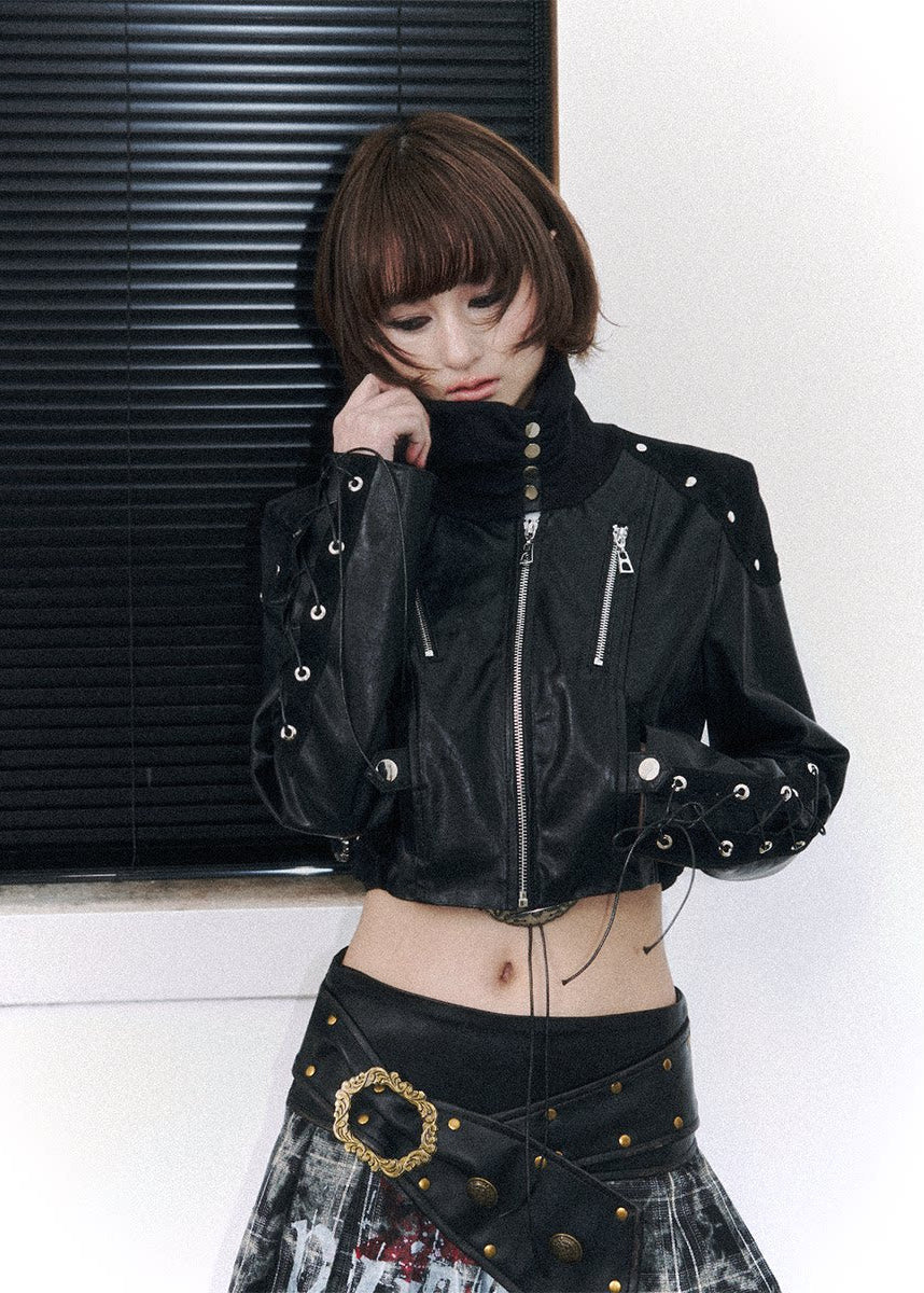 Stacked Collar Leather Jacket