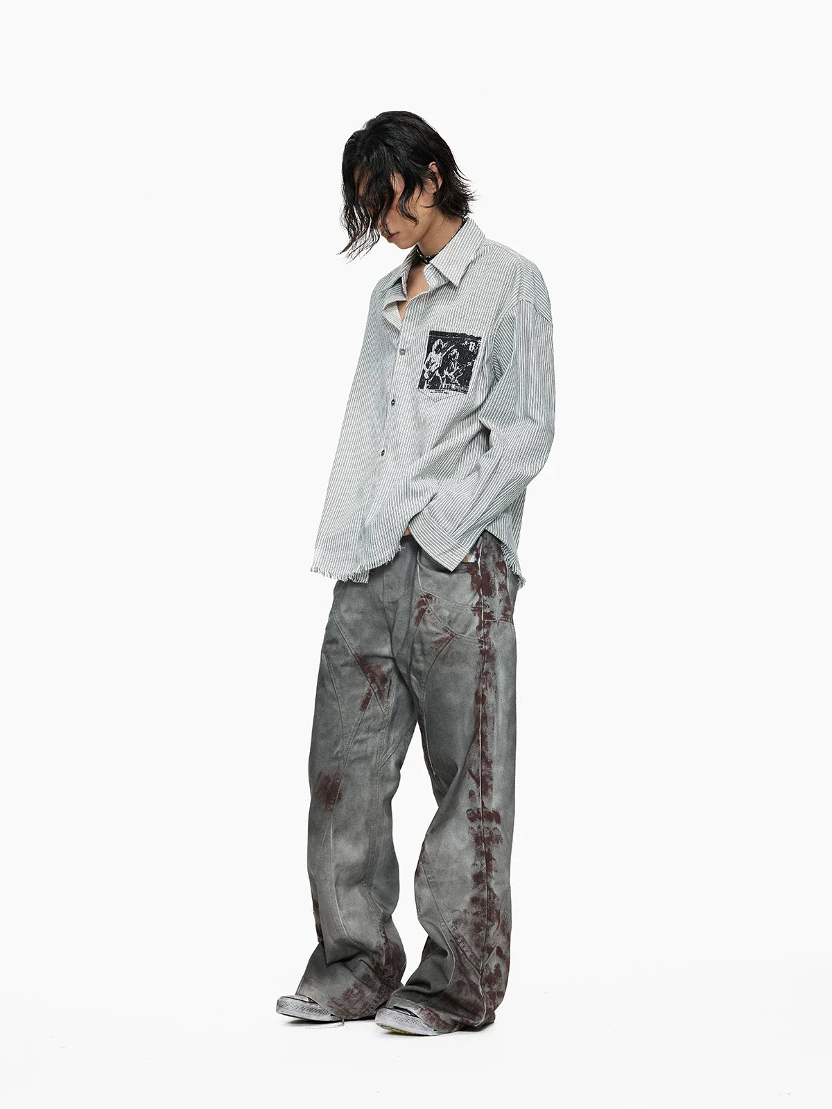 Blood Wash Distressed Flared Denim Jeans
