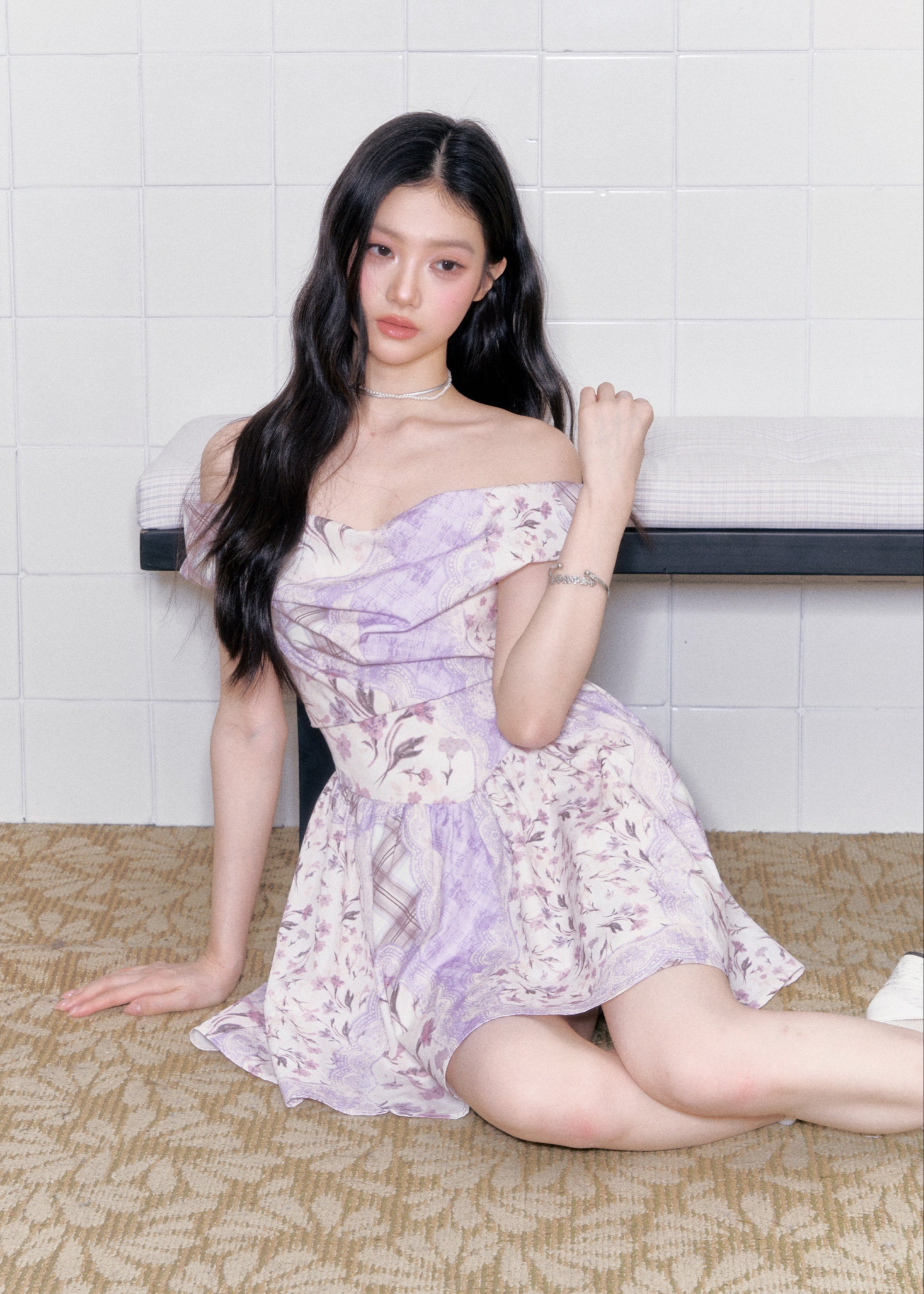Purple Mist Floral Off-Shoulder Dress
