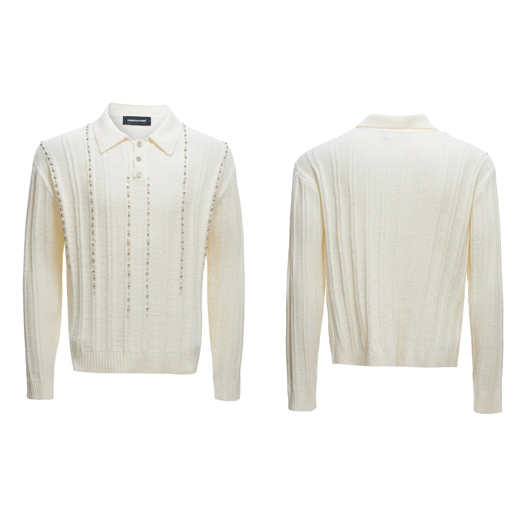 【25s Aug.】Pearl-Embellished Knit Polo Shirt