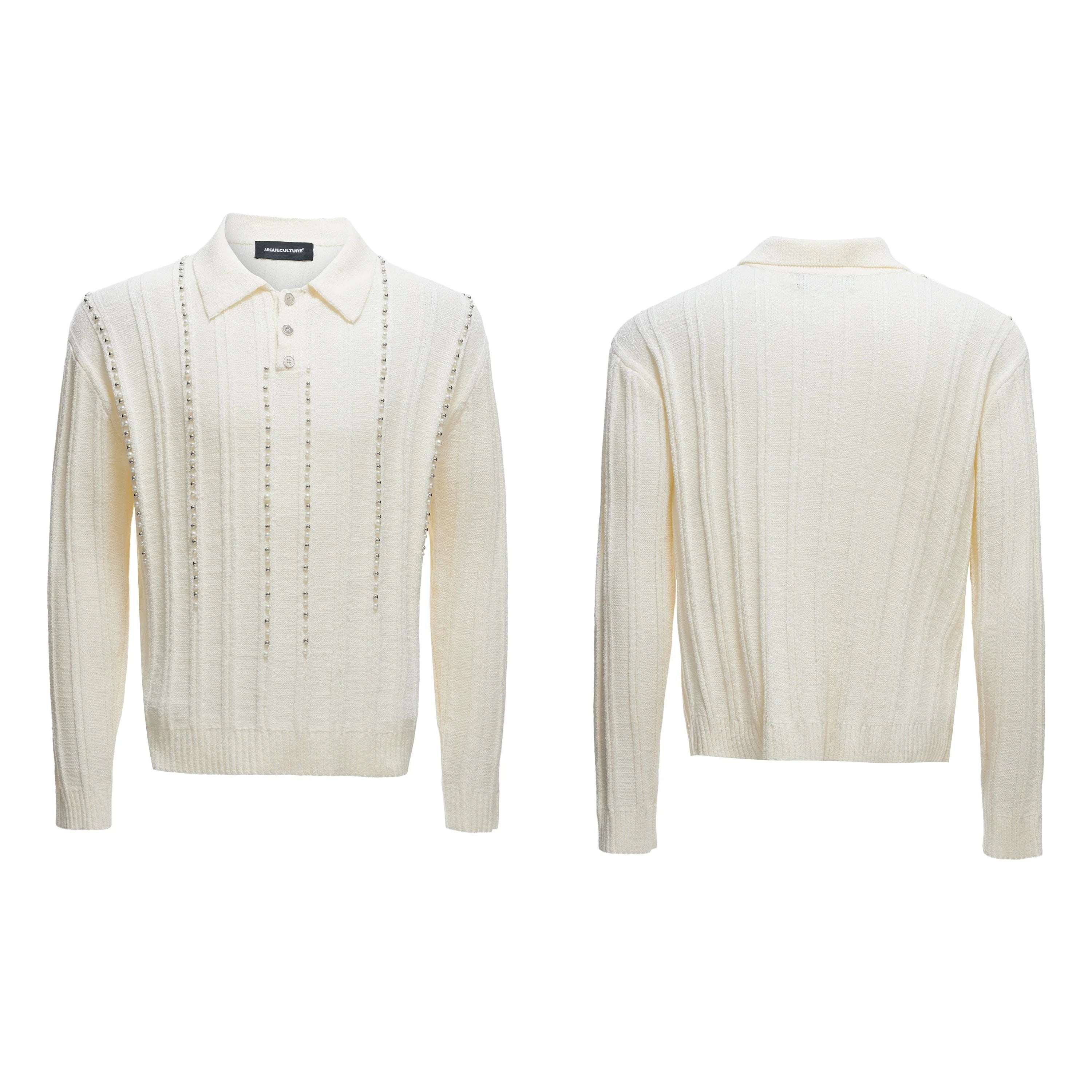 【25s Aug.】Pearl-Embellished Knit Polo Shirt