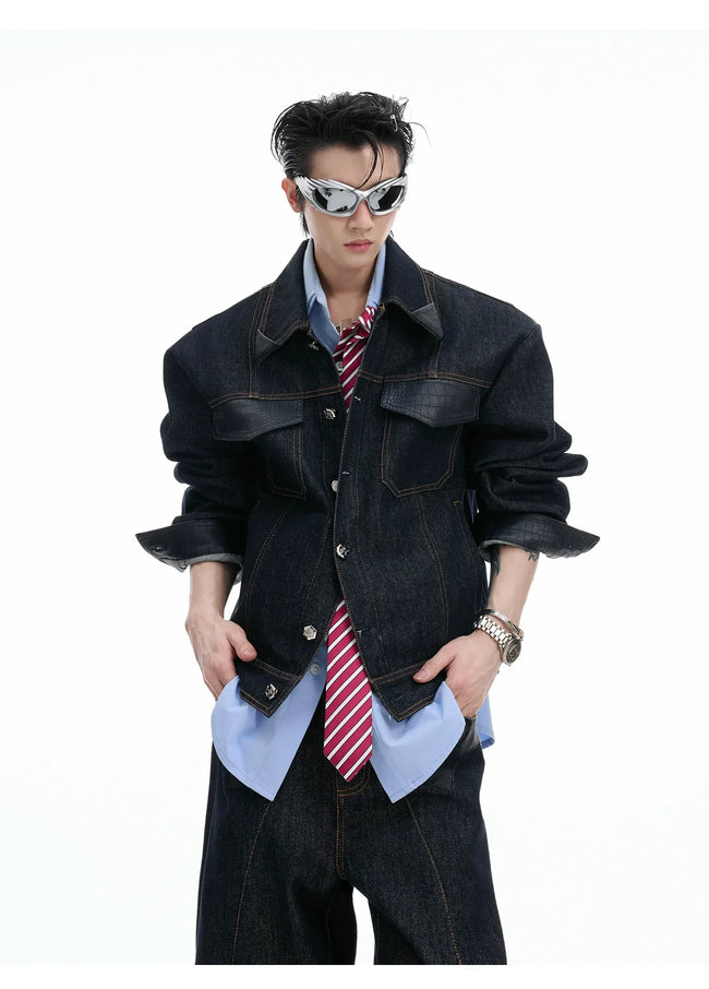 【25s Aug.】Vintage Crocodile Leather Patchwork Original Color Denim Jacket Main Image