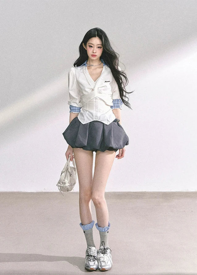 Siren Blanche Waist-Cinch V-Neck Blouse