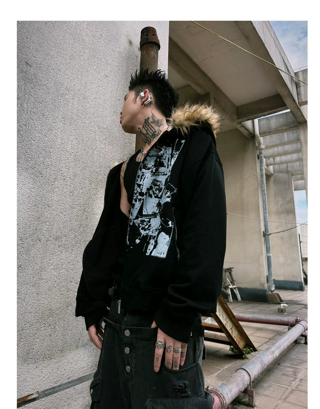 【26s Jan.】Vintage Printed Fur-Trim Zip-Up Hoodie Jacket