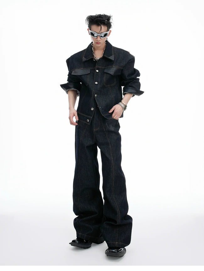 【25s Aug.】Vintage Crocodile Leather Patchwork Original Color Denim Jacket Hover Image