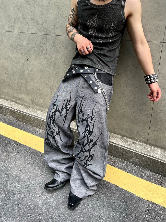 【25s Jun.】Vintage Washed Distressed Colorblock Thorn Print Jeans Main Image