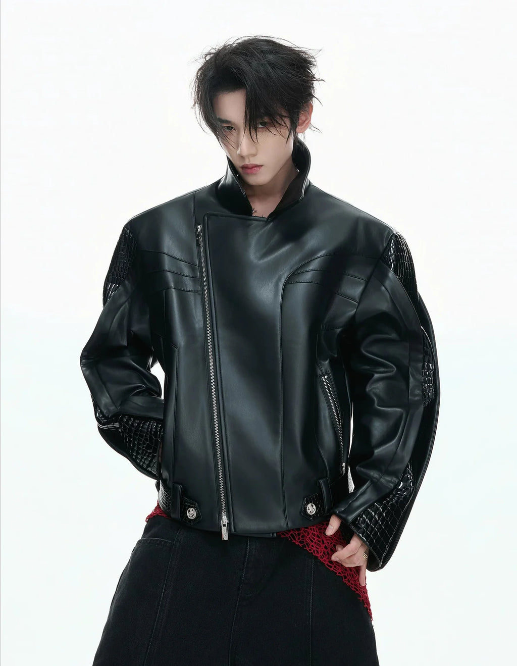 【26s Feb.】Deconstructed Croc-Embossed Asymmetric Zip Leather Jacket