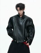 【26s Feb.】Deconstructed Croc-Embossed Asymmetric Zip Leather Jacket