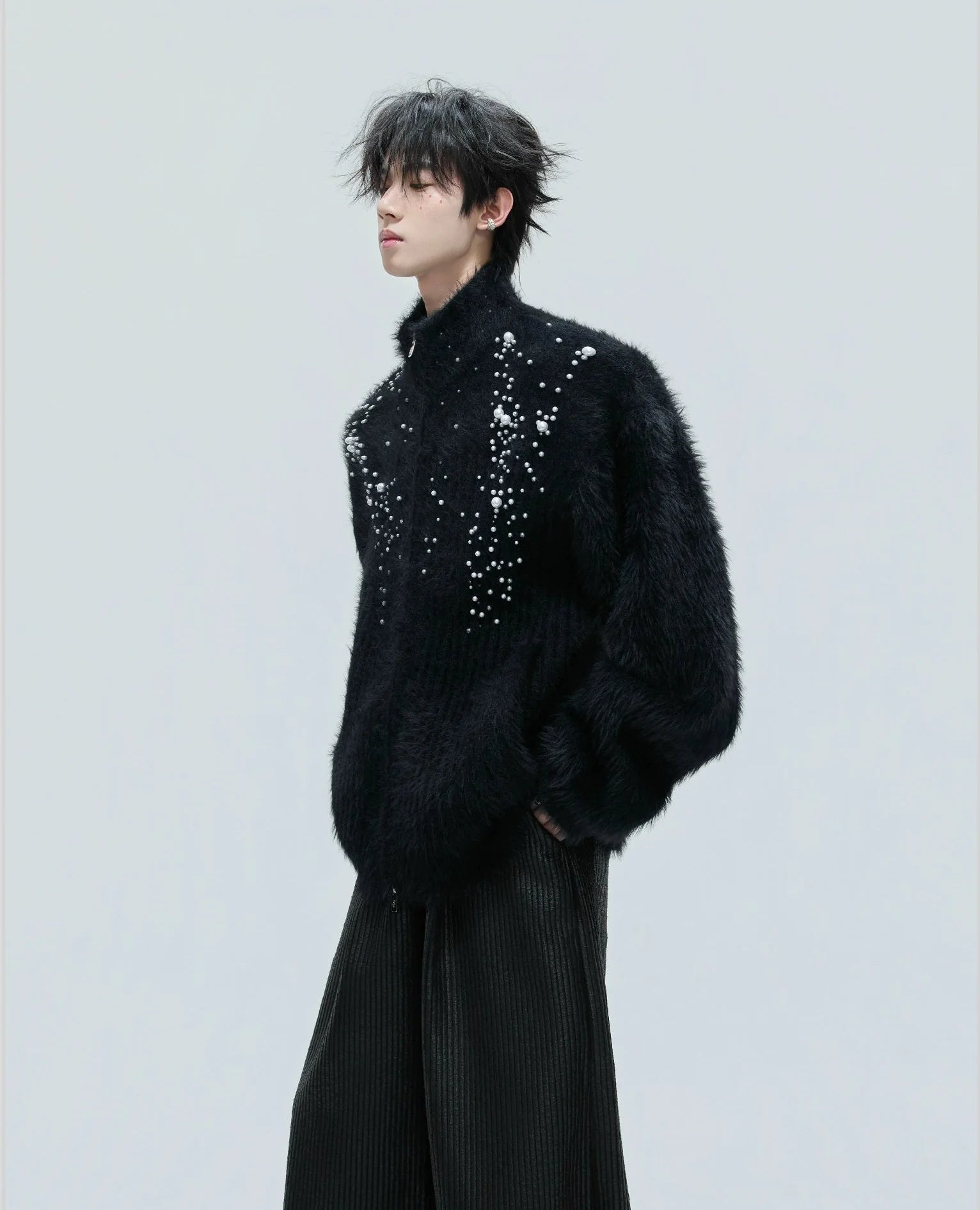 【25s Nov.】High-neck Plush Pearl Embellished Sweater