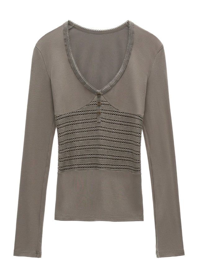Patchwork Cut-Out V-Neck Top