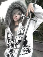 【26s Jan.】Vintage Printed Fur-Trim Zip-Up Hoodie Jacket