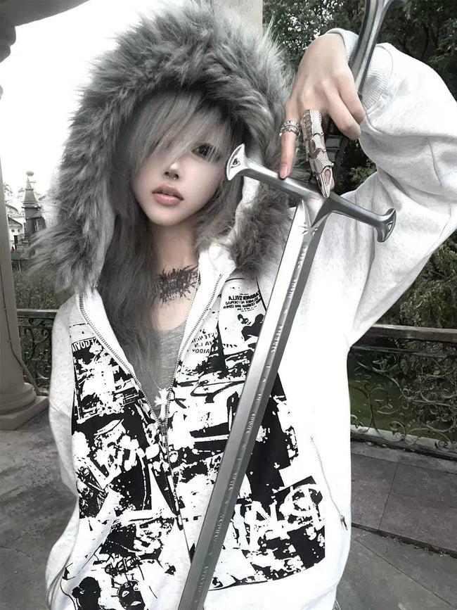 【26s Jan.】Vintage Printed Fur-Trim Zip-Up Hoodie Jacket Hover Image