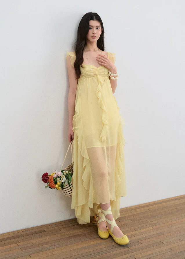 Romantic Fly-Sleeve Ruffle Long Dress