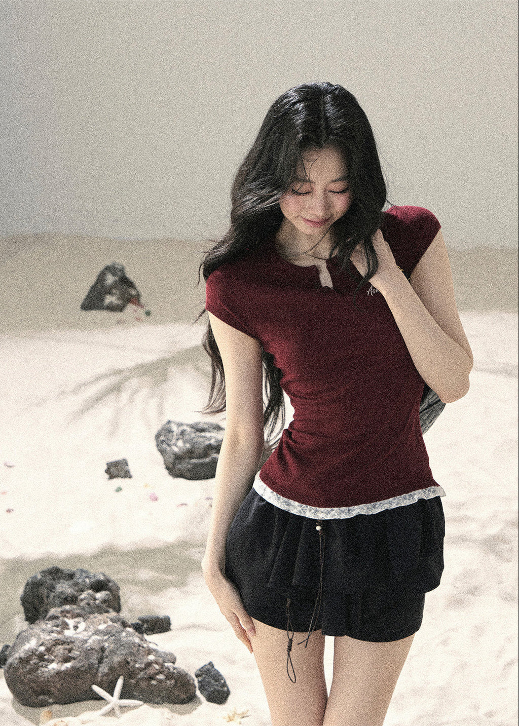 Langyu Letter Lace-Hem Baby Tee