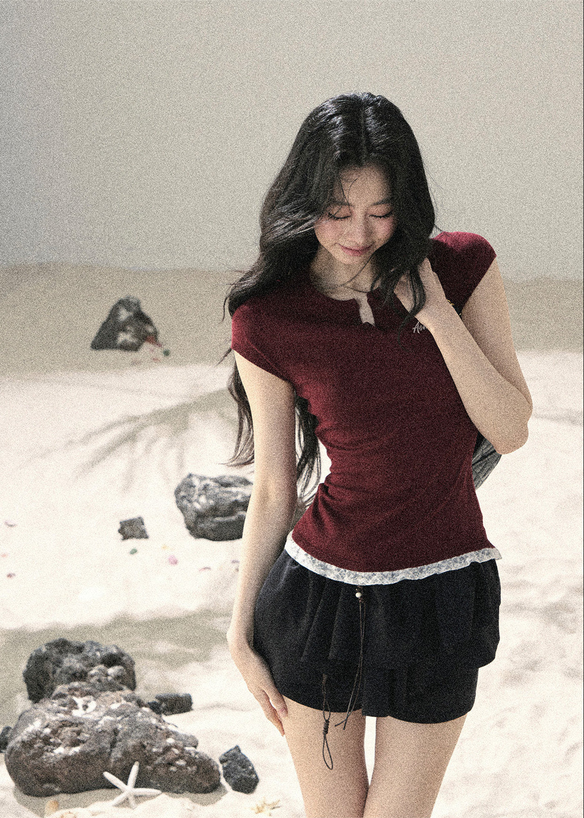 Langyu Letter Lace-Hem Baby Tee