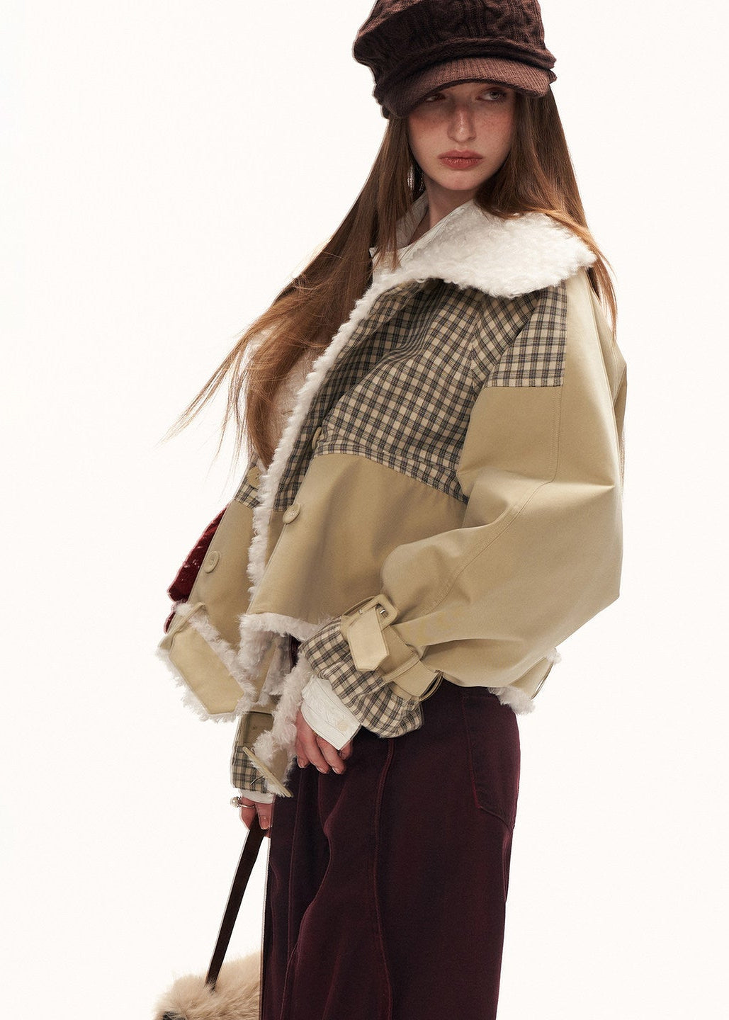 Plaid Clash Fur Collar Jacket