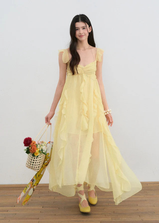 Romantic Fly-Sleeve Ruffle Long Dress Hover Image