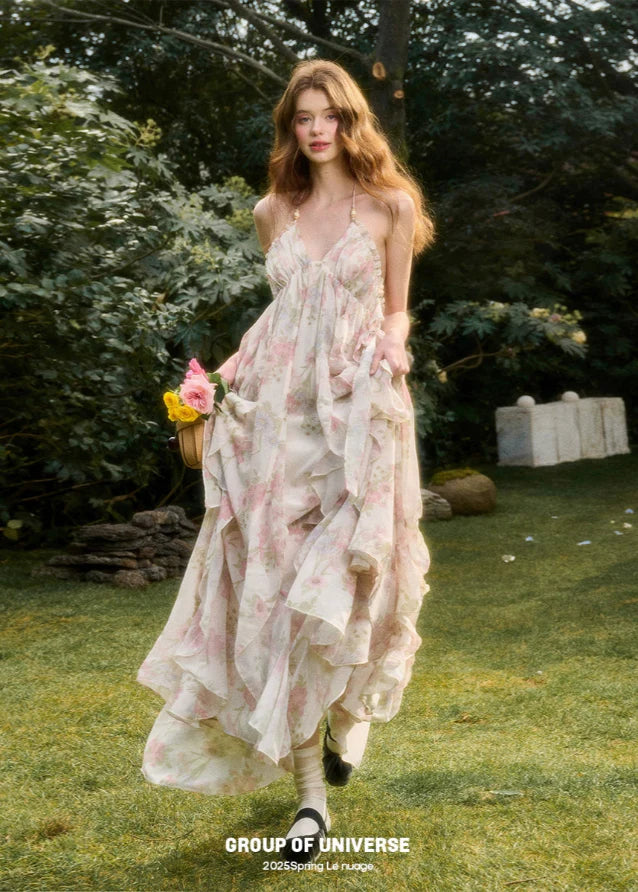 Floral Oil Painting Halter Neck Resort Dress Main Image