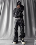 【24s May.】Hand-brushed Wax-coated Slim-fit Stacked Jeans