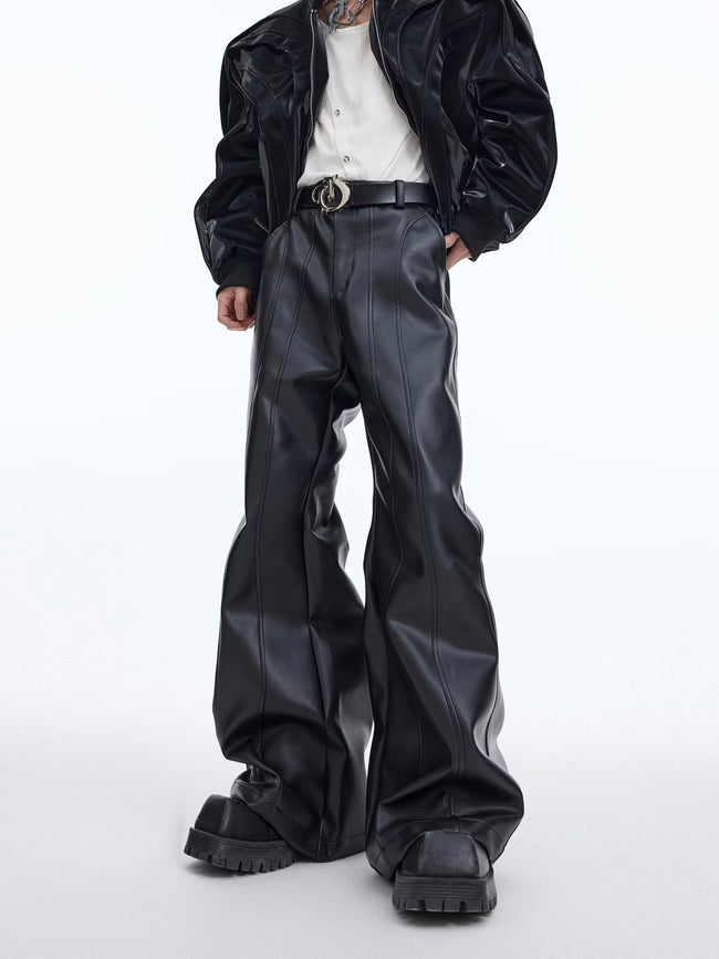 【23s December.】Deconstructed Slim-fit Slightly Flared Leather Pants Hover Image