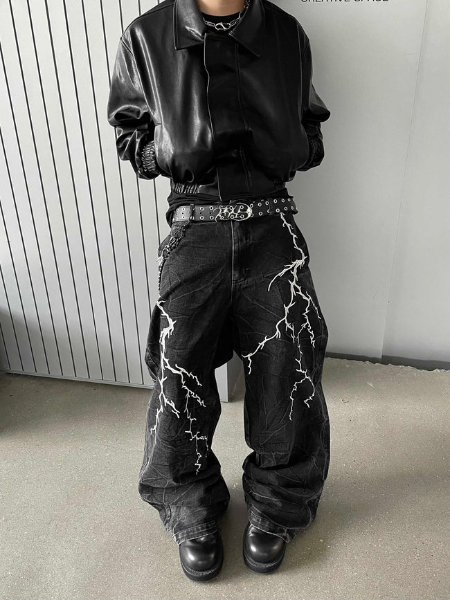 【24s Nov.】Niche Design Embroidered Lightning Loose Jeans Main Image