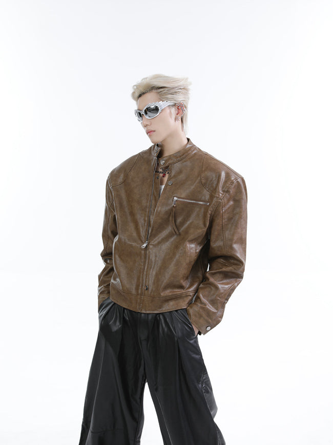 【25s Feb.】Stand Collar Shiny PU Short Leather Jacket Main Image