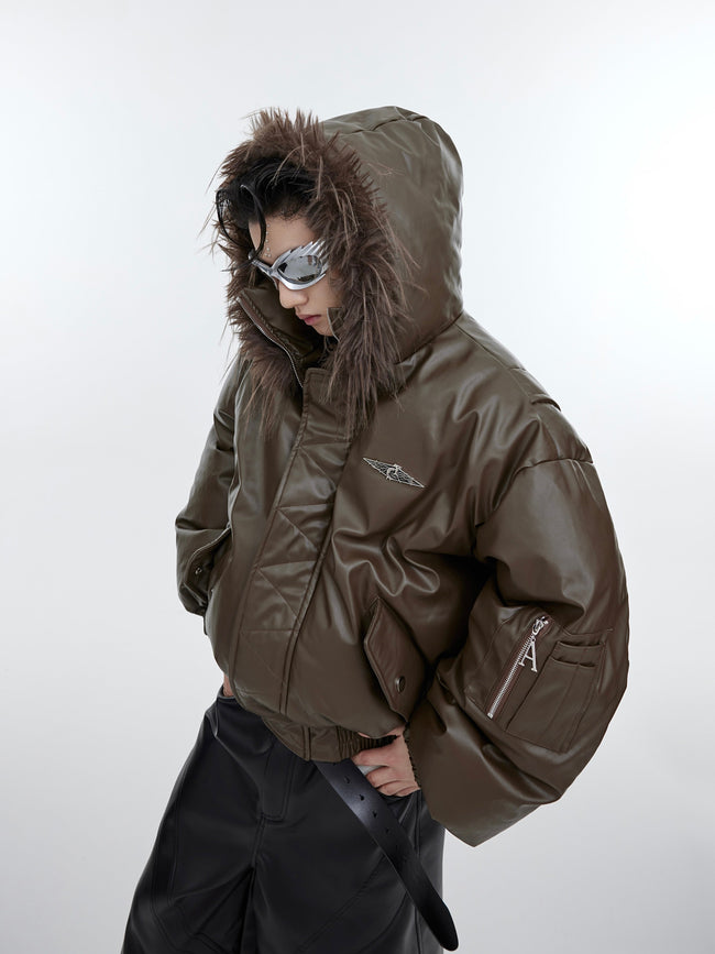【23s November.】Deconstructed Plush Spliced PU Leather Cotton Jacket Hover Image