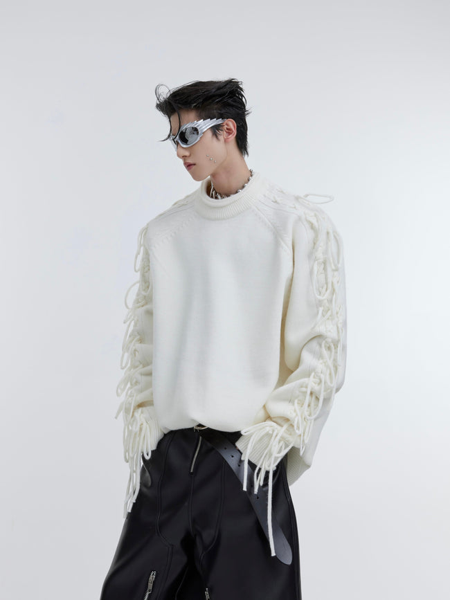 【23s October.】Pleated Crew Neck Sweater with Fringe Design Hover Image