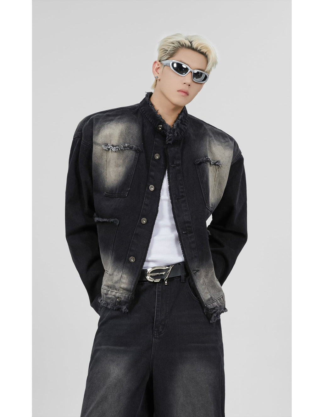 【23s November.】Distressed Brushed Stand Collar Denim Jacket