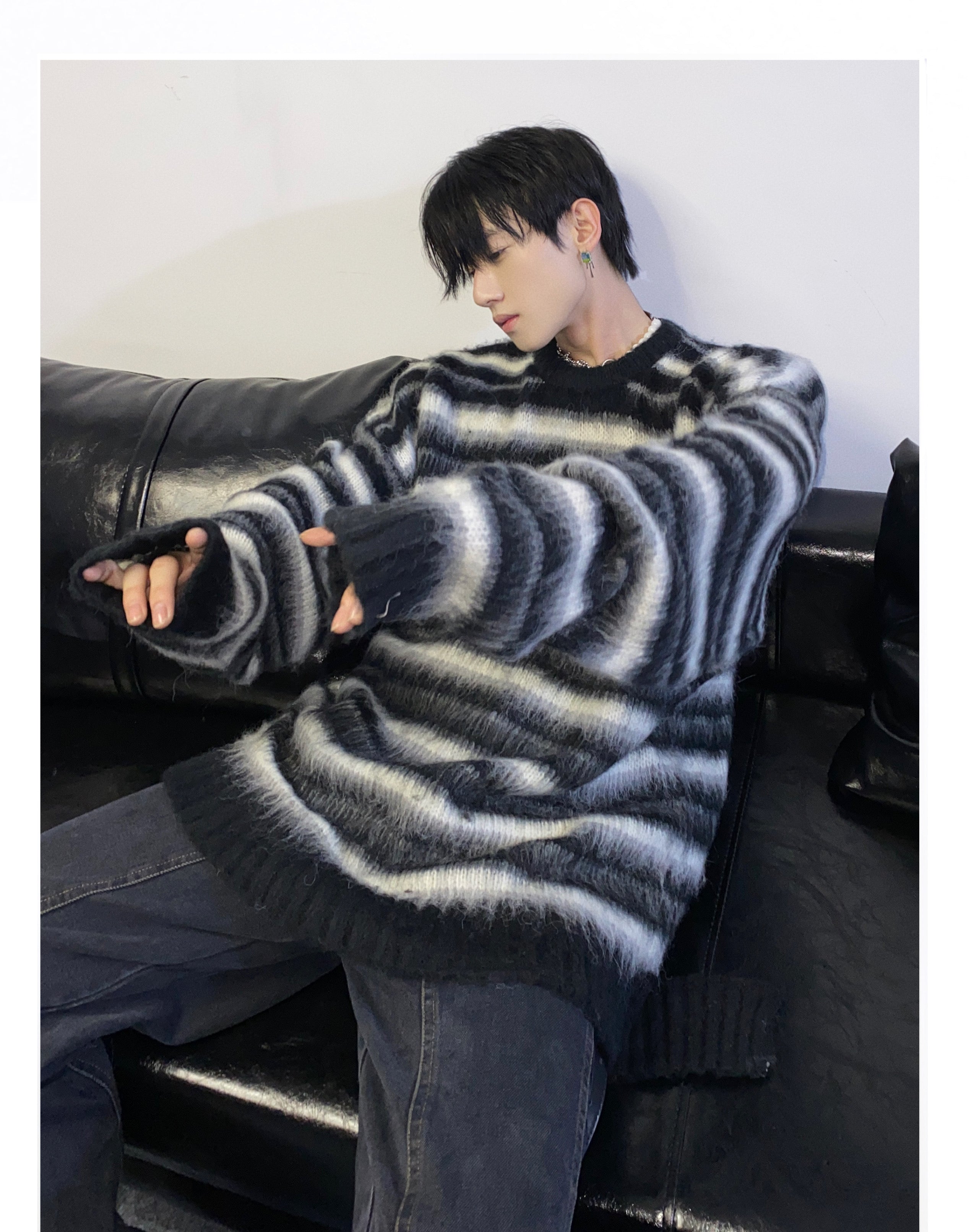 Black and White Striped Crew Neck Sweater