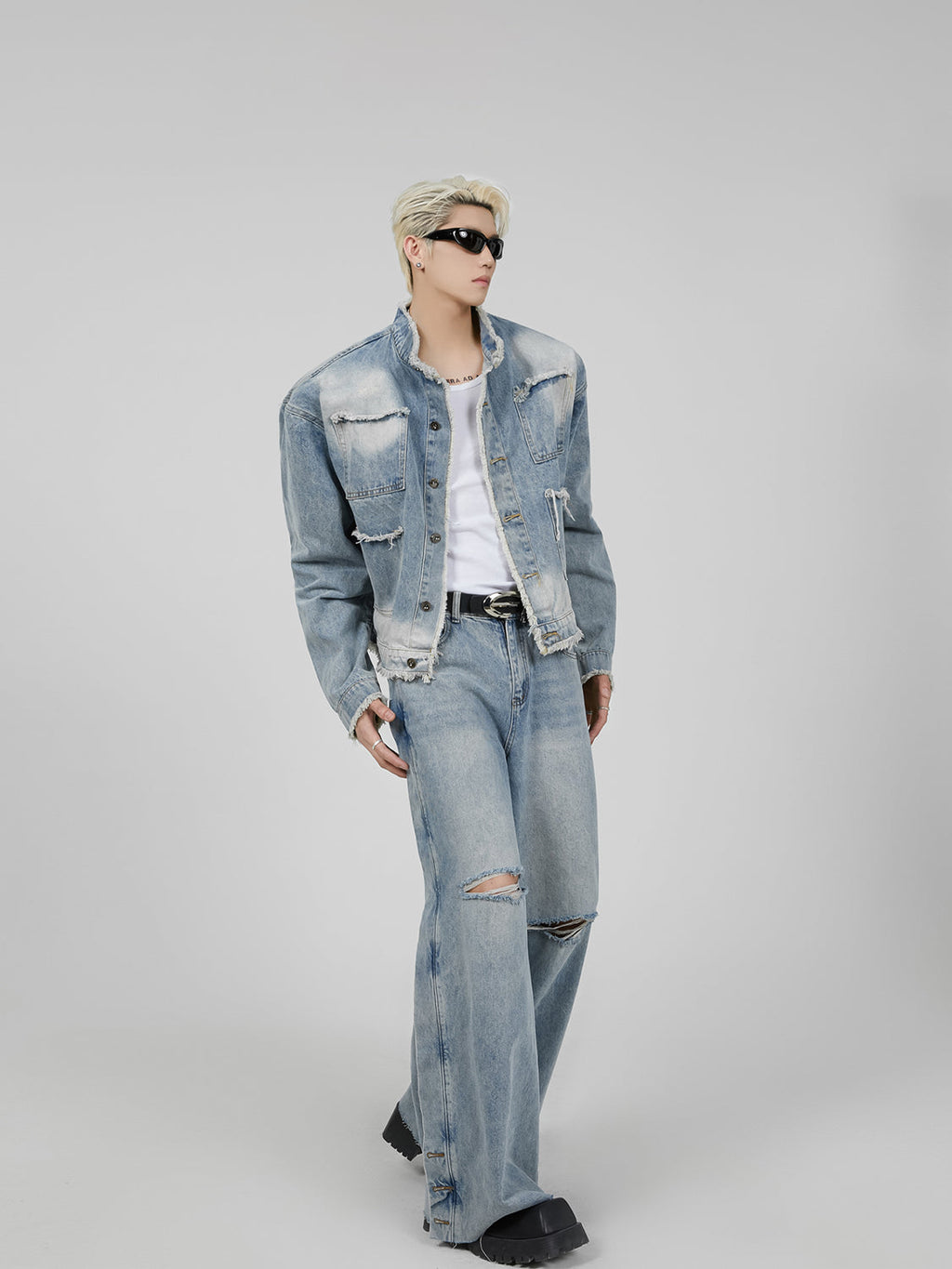 【23s November.】Distressed Brushed Stand Collar Denim Jacket