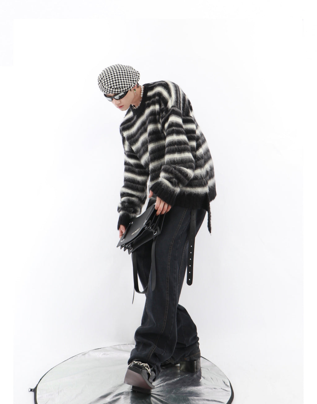 Black and White Striped Crew Neck Sweater