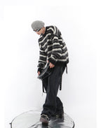 Black and White Striped Crew Neck Sweater