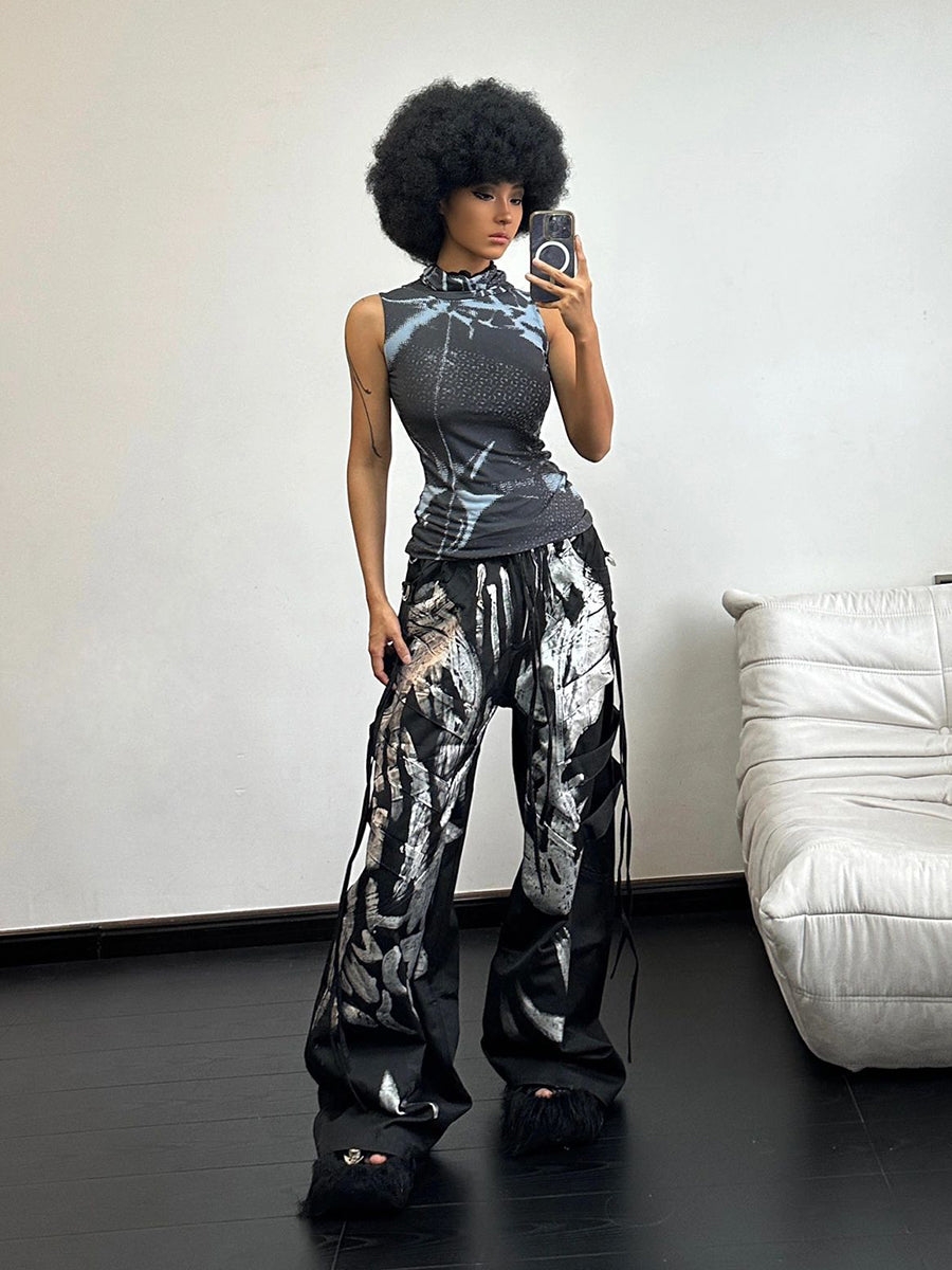【25s Mar.】Deconstructed Style Brushed Silver Ribbon Drawstring Overalls