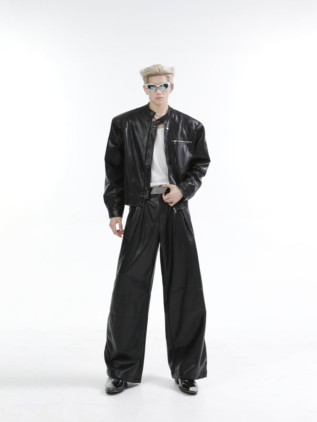 【25s Feb.】Stand Collar Shiny PU Short Leather Jacket