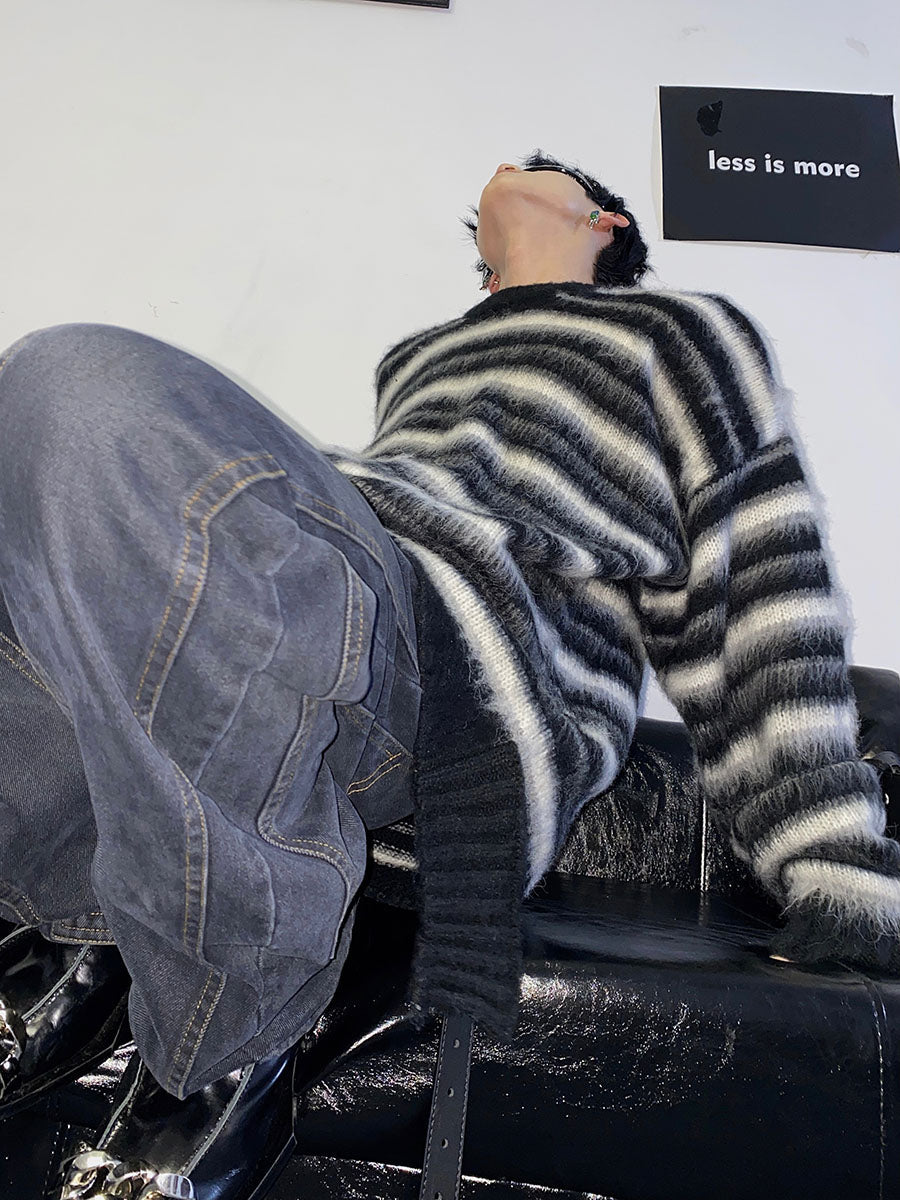 Black and White Striped Crew Neck Sweater