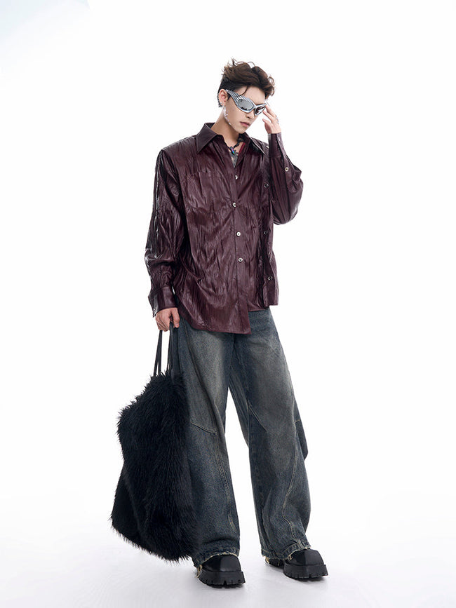 【24s Oct.】Niche Design Textured Patent Leather Metal Button Shirt Hover Image